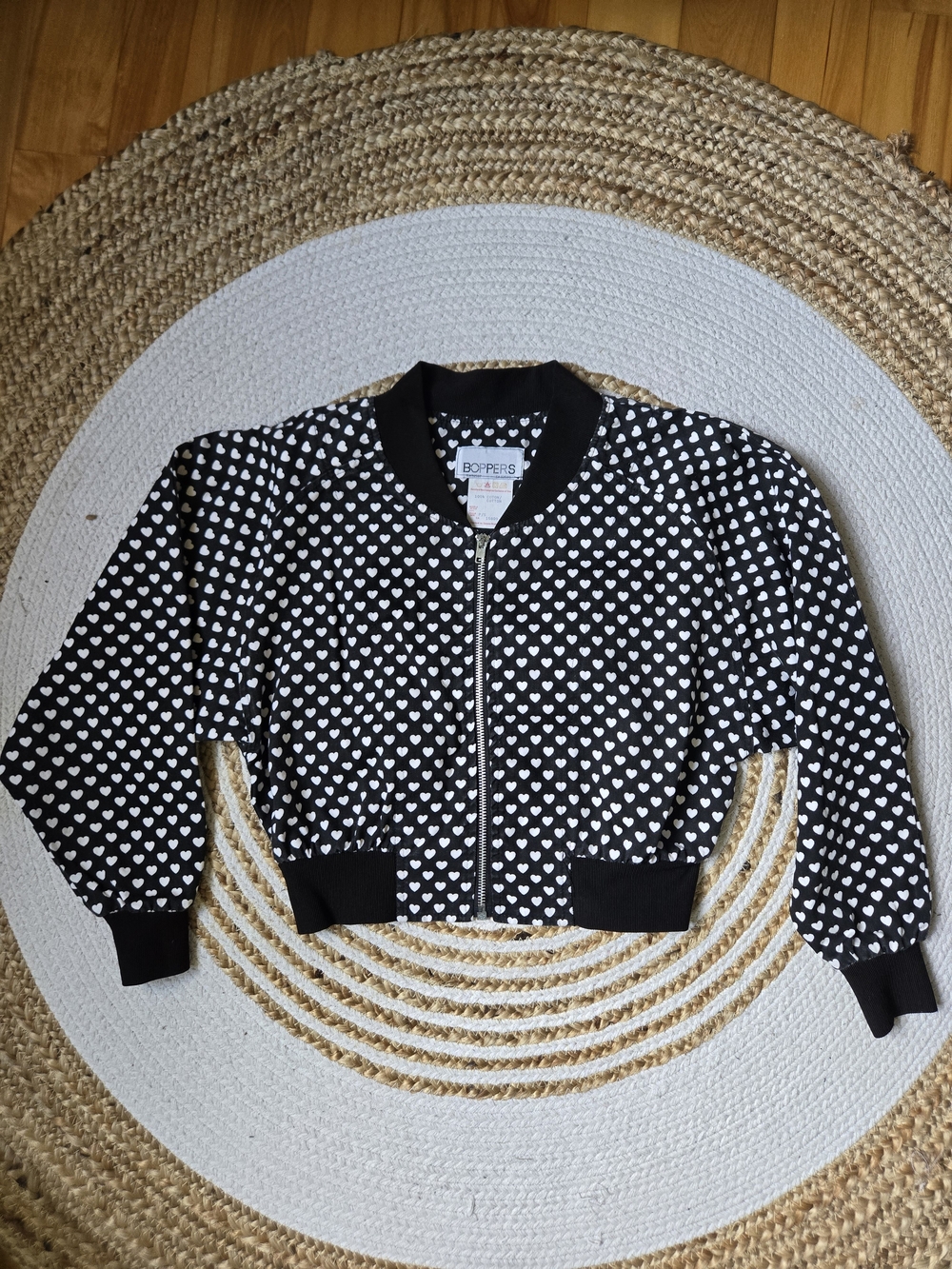 Vintage 80s Black Heart-Print Cropped Bomber Jacket Coquette Y2K Puff Sleeves S